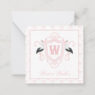 Watercolor Pink Stork Bow Monogram Crest Card