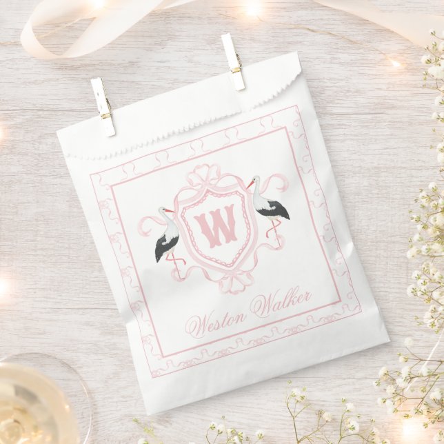 Watercolor Pink Stork Bow Monogram Crest Favour Bags (Clipped)