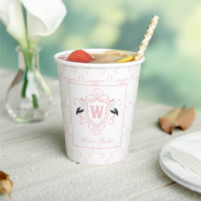 Watercolor Pink Stork Bow Monogram Crest Paper Cups (Insitu)