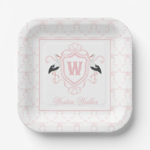 Watercolor Pink Stork Bow Monogram Crest Paper Plate