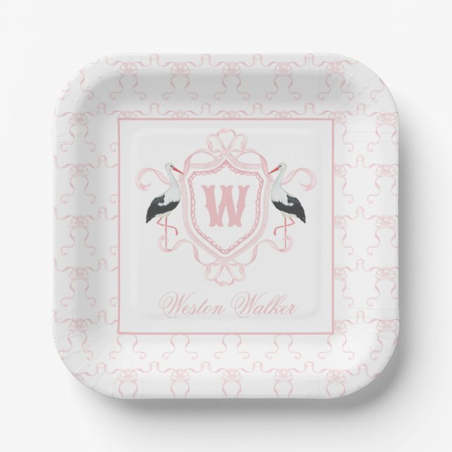 Watercolor Pink Stork Bow Monogram Crest Paper Plate (Front)
