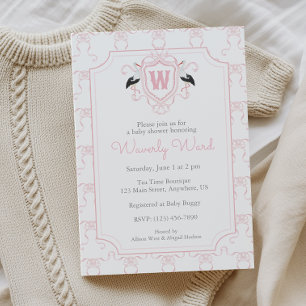 Watercolor Pink Stork Monogram Crest Baby Shower Invitation