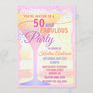Watercolor Pink Striped 50 and Fabulous Birthday Invitation