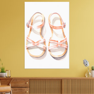 Watercolor Pink Striped Summer Sandals Art Canvas Print
