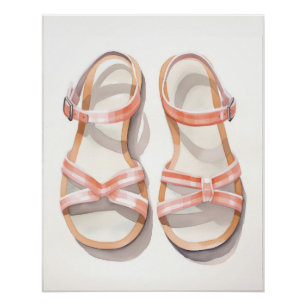 Watercolor Pink Striped Summer Sandals Art Poster