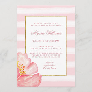 Watercolor Pink Stripes and Peony Bridal Shower Invitation