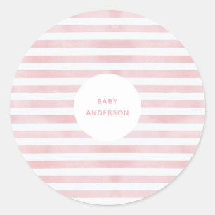 Watercolor Pink Stripes Baby Shower Classic Round Sticker