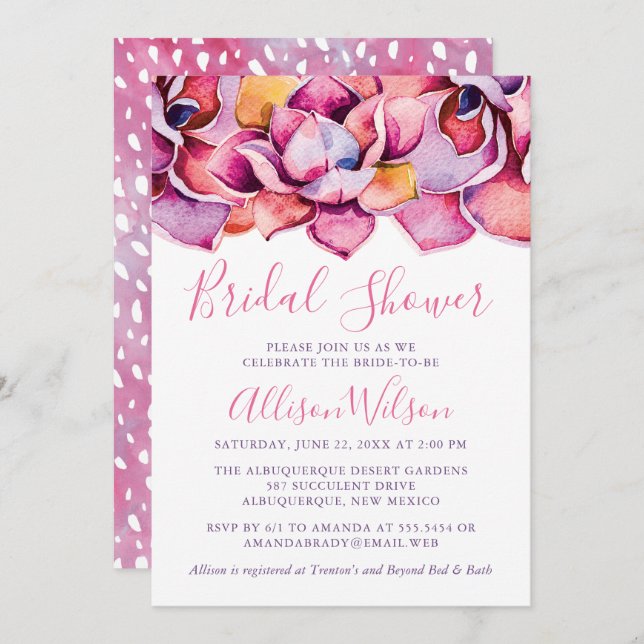 Watercolor Pink Succulents Bridal Shower Invitation (Front/Back)