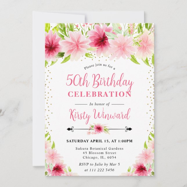 Watercolor Pink Summer Flowers 50th Birthday Invitation (Front)