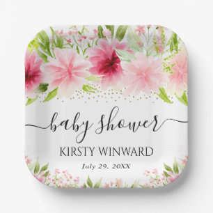 Watercolor Pink Summer Flowers Baby Shower Paper Plate