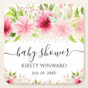 Watercolor Pink Summer Flowers Baby Shower Square Paper Coaster