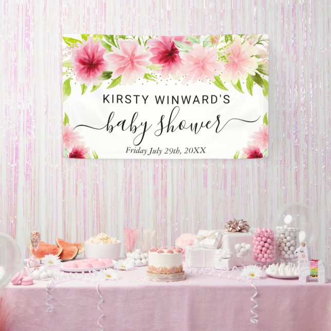 Watercolor Pink Summer Flowers Baby Shower Welcome Banner (Party)