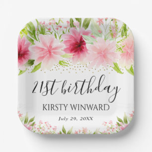 Watercolor Pink Summer Flowers Birthday Paper Plate
