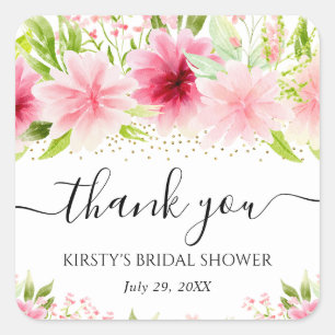 Watercolor Pink Summer Flowers Bridal Shower Square Sticker
