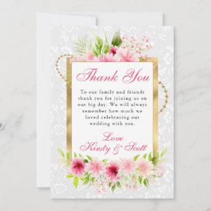 Watercolor Pink Summer Flowers Gold Foil Wedding Thank You Card
