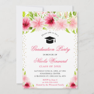 Watercolor Pink Summer Flowers Graduation Invitation
