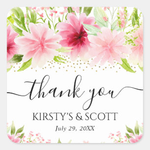 Watercolor Pink Summer Flowers Wedding Square Sticker
