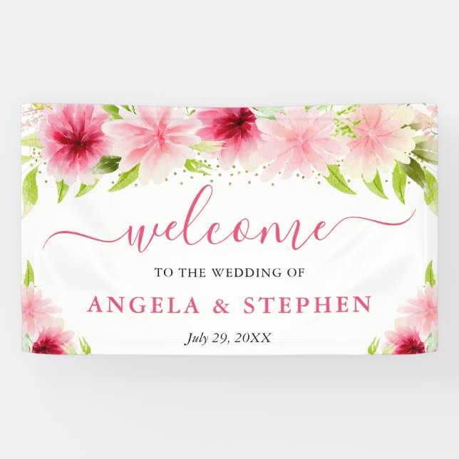Watercolor Pink Summer Flowers Wedding Welcome Banner (Horizontal)
