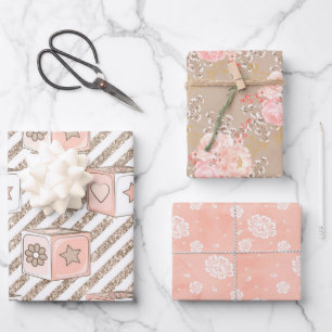 WATERCOLOR PINK & TAN BABY GIRL FLOWERS BEARS WRAPPING PAPER SHEET