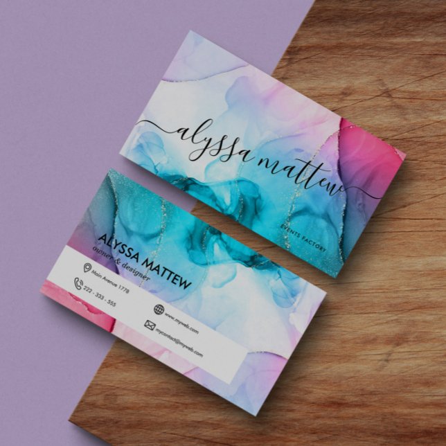 Watercolor Pink Teal Gold Glitter Elegant Modern  Business Card (Creator Uploaded)