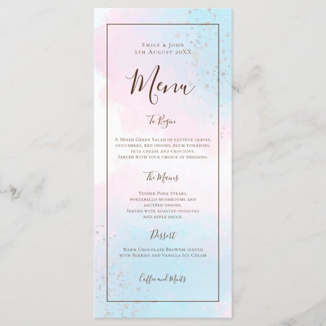 Watercolor Pink Teal Silver Confetti Wedding Menu (Front)