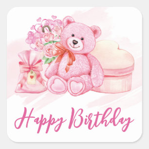 Watercolor Pink Teddy Bear, and Gifts Birthday Square Sticker