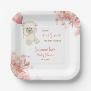 Watercolor Pink Teddy Bear Girl Baby Shower Paper Plate