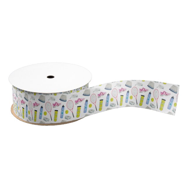 Watercolor Pink Tennis Pattern Grosgrain Ribbon (Spool)