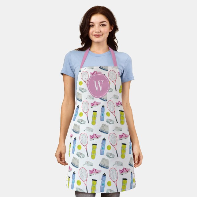 Watercolor Pink Tennis Pattern Monogram Apron (Worn)