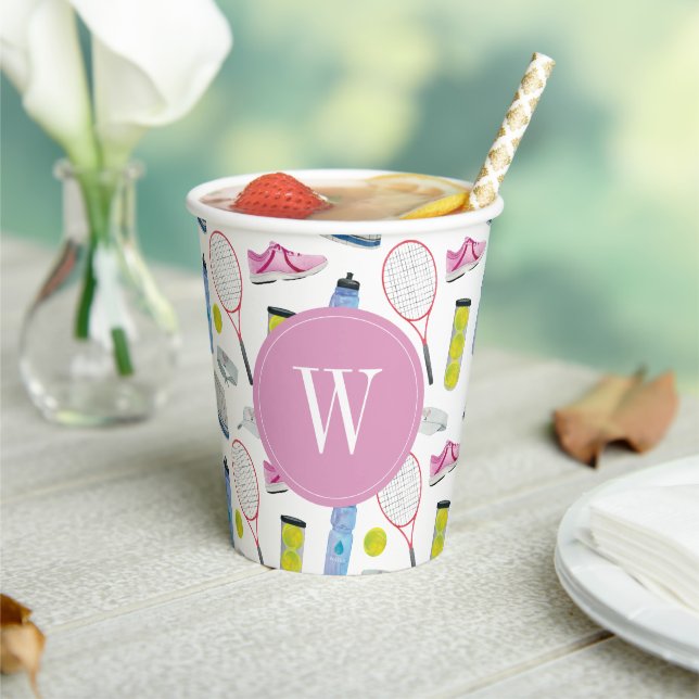 Watercolor Pink Tennis Pattern Monogram Paper Cups (Insitu)