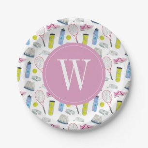Watercolor Pink Tennis Pattern Monogram Paper Plate