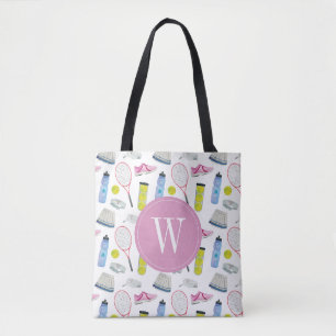 Watercolor Pink Tennis Pattern Monogram Tote Bag