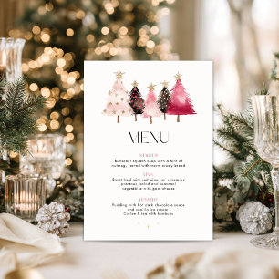 Watercolor Pink Trees Christmas Dinner Menu Card