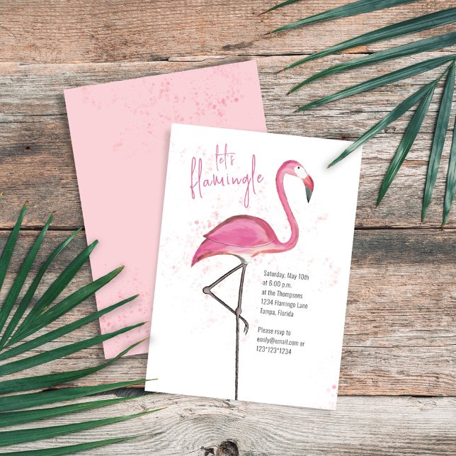 Watercolor Pink Tropical Beach Flamingo Invitation (Pink flamingo watercolor "Let's Flamingle" Invitation with pink watercolor speckles.)