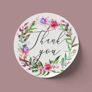 Watercolor pink tropical floral wedding thank you classic round sticker