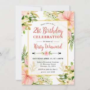 Watercolor Pink Tropical Flowers 21st Birthday Invitation