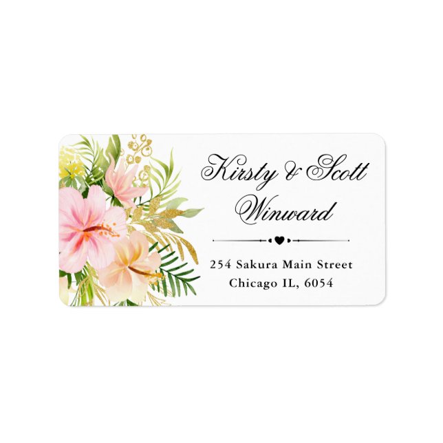 Watercolor Pink Tropical Flowers address Label (Front)