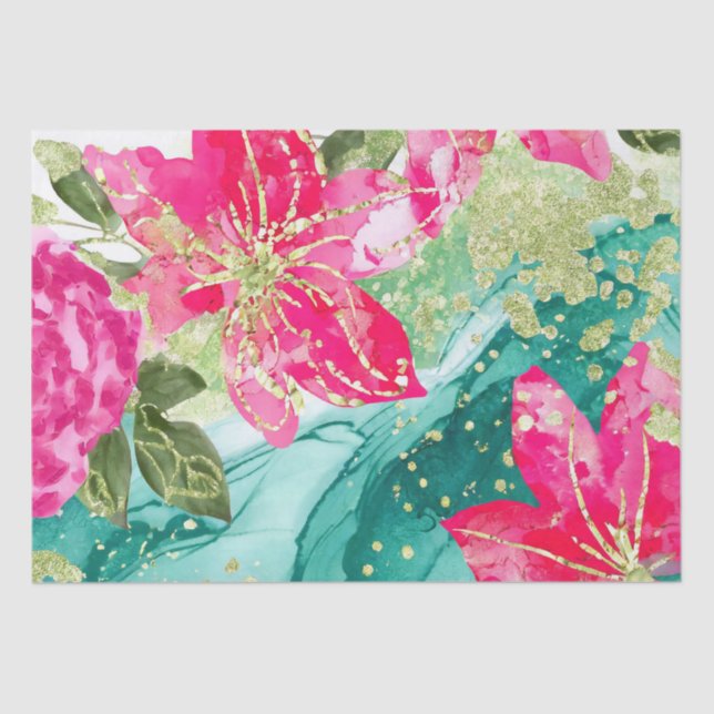 Watercolor Pink Tropical Flowers Alcohol Ink Tissue Paper (Front)