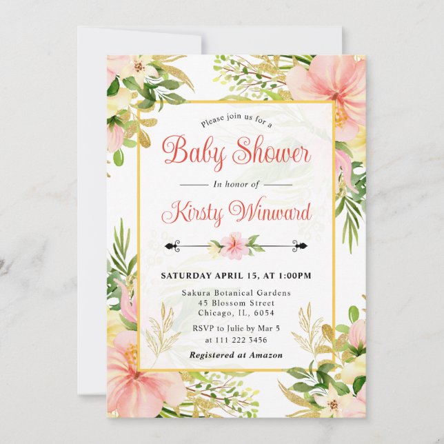 Watercolor Pink Tropical Flowers Baby Shower Invitation (Front)