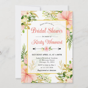 Watercolor Pink Tropical Flowers Bridal Shower Invitation
