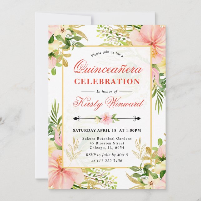 Watercolor Pink Tropical Flowers Quinceanera Invitation (Front)