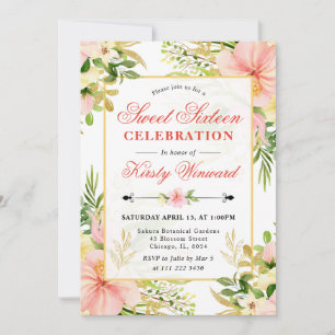 Watercolor Pink Tropical Flowers Sweet Sixteen Invitation