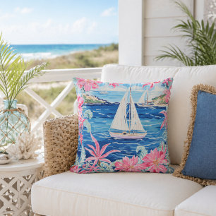Watercolor Pink Tropical Sailboat Coastal Outdoor  Cushion