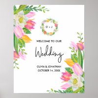 Watercolor Pink Tulip Monogram Wedding Welcome