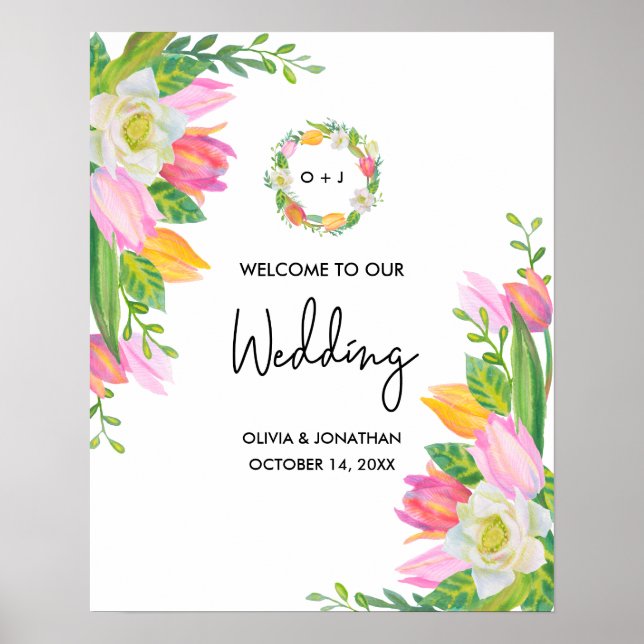Watercolor Pink Tulip Monogram Wedding Welcome Poster (Front)