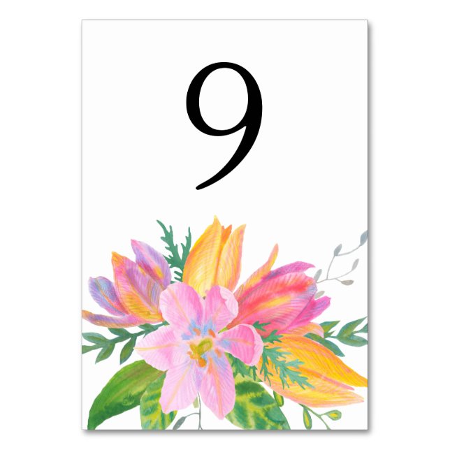 Watercolor Pink Tulip Wedding Table Number Card (Front)