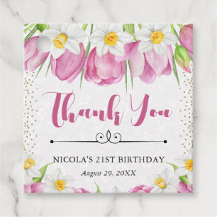 Watercolor Pink Tulips and Daffodils Birthday Favour Tags