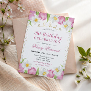 Watercolor Pink Tulips and Daffodils Birthday Invitation