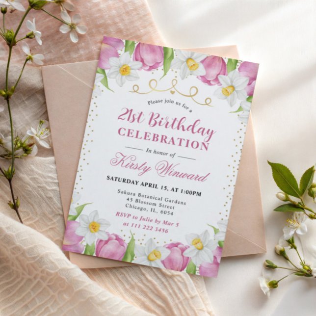 Watercolor Pink Tulips and Daffodils Birthday Invitation (Creator Uploaded)