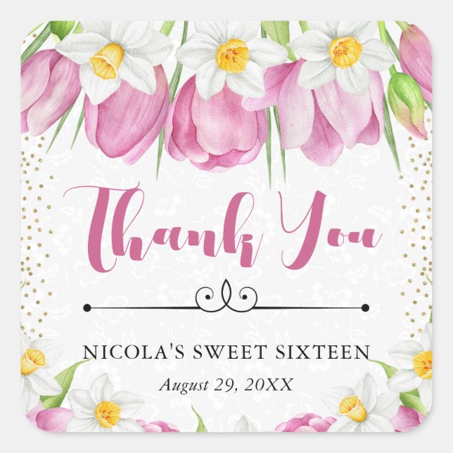 Watercolor Pink Tulips and Daffodils Sweet Sixteen Square Sticker (Front)